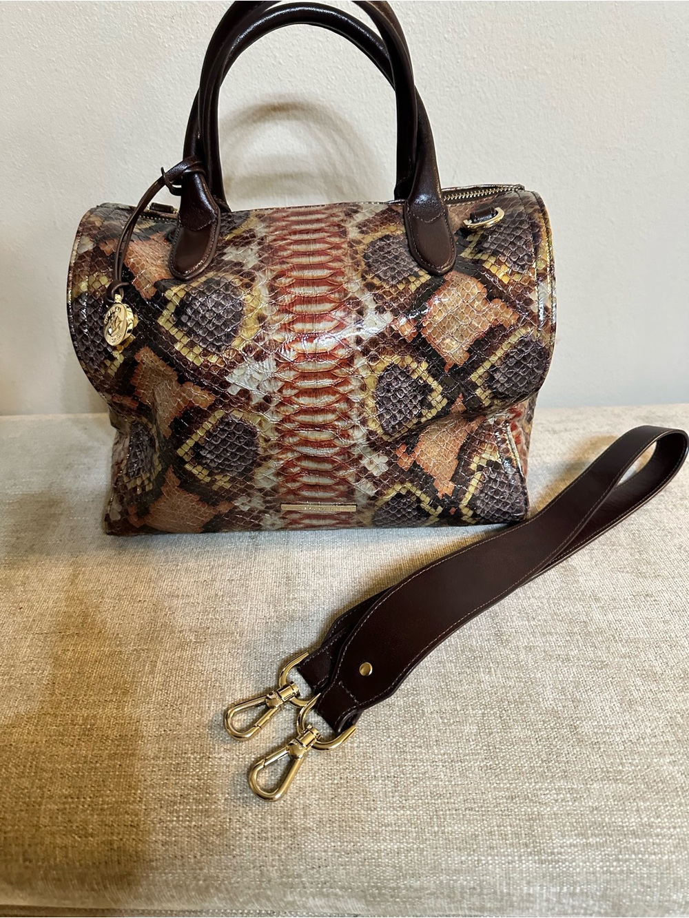 Brahmin multi color Python-Print Satchel Handbag in Brown and Tan